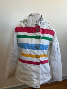 Obermeyer White Ski Jacket with Pink, Green, Blue & Yellow Stripes